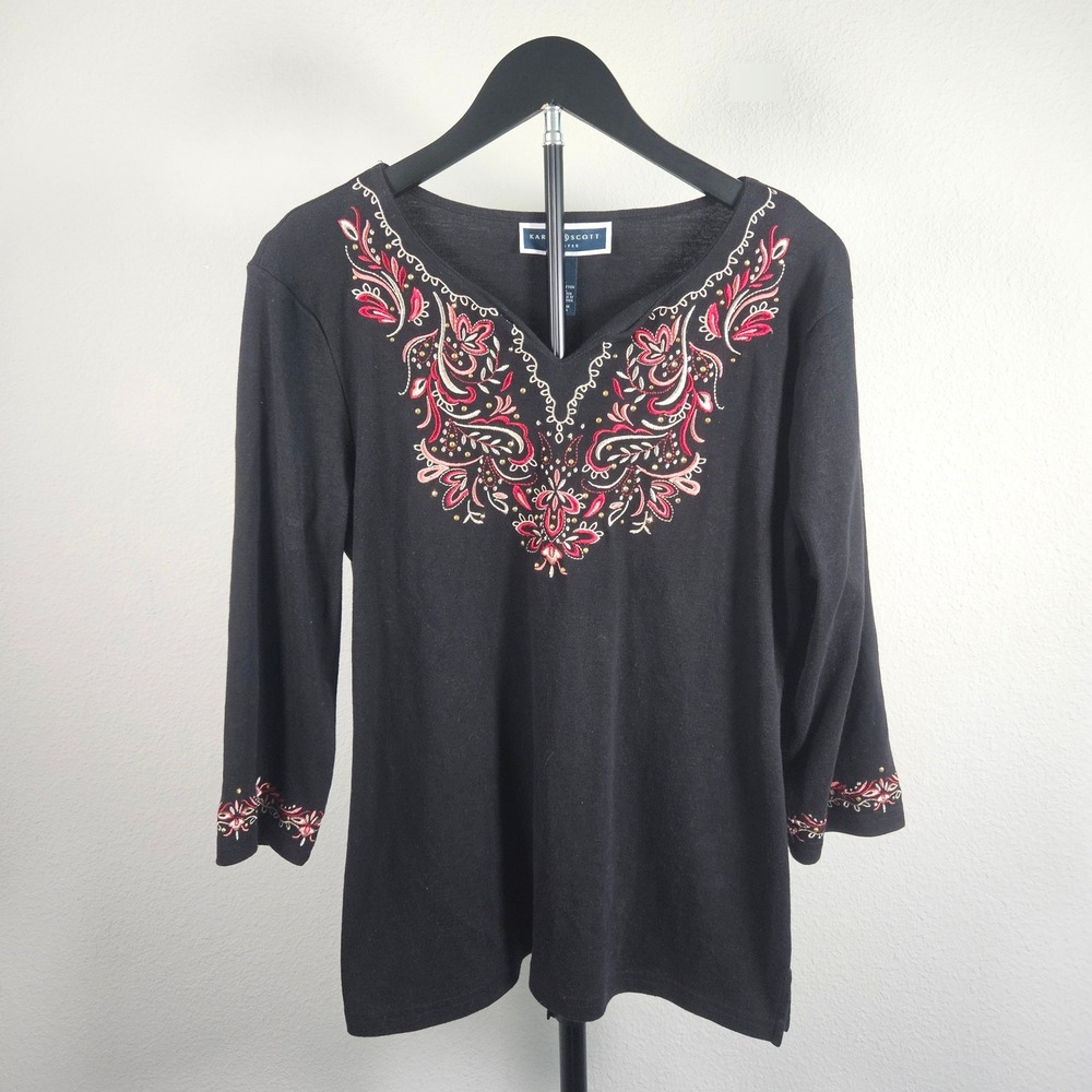 Karen Scott Embroidered Top Womens PL Black Beaded 3/4 Sleeve Boho Cottagecore